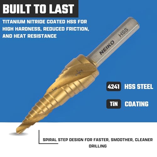 NEIKO 10615A Step Drill Bit, 2 Steps 3/8" to 1/2" Spiral High Speed Steel, Titanium Nitride Coated, 1/4" Tri Flat Step Bits for Steel, Metal, Wood, Plastic, Unibit Cone Drill Bits, Two Flute - size: #6 (3/8 - 1/2", 2S), style: Spiral