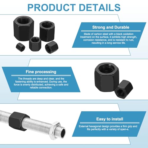 MECCANIXITY M20x2.5mm Hex Coupling Nuts 32mm/1.3" Coarse Thread Black 2Pcs - size: M20 x 2.5 x 32mm