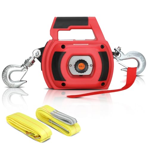 Portable Drill Winch of 1500 LB, Red Handheld Drill Winch with 40 Foot Synthetic Rope, Rotate The Hook 360 Degrees, for Lifting & Dragging（Down Strap with D Rings）