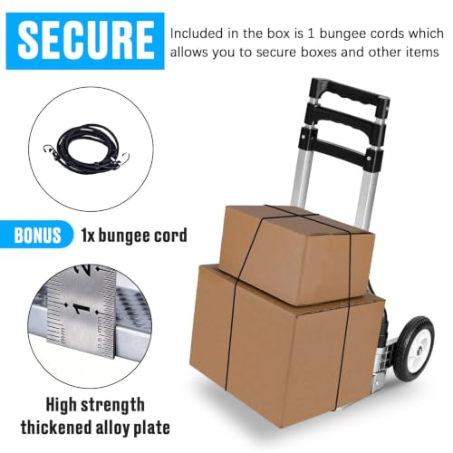 Folding Hand Truck Portable Foldable Hand Trolley Dolly Cart Aluminum Luggage Cart Black MAX Load 180 lbs, with Black Bungee Cord, Telescoping Handle,Solid Aluminium Wheel suspensions, Double Bearings
