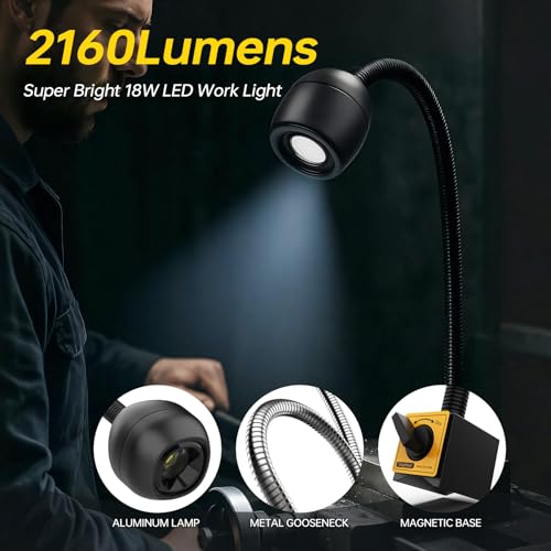 Magnetic Light, 18W Wood Lathe Machine Light, 2160 Lumens Flexible Work Lamp for Lathe Milling Machine Drill Press, Aluminum Alloy Light Head (magnetic base)