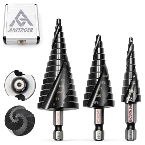 Unibit Step Drill Bit Set (3-Piece) M35 Cobalt HSS TiAlN - Up to 1-1/4" (32mm Max) – Spiral Groove for Stainless Steel, Sheet Metal & Plastic, 1/4" Hex Shank, Aluminum Case