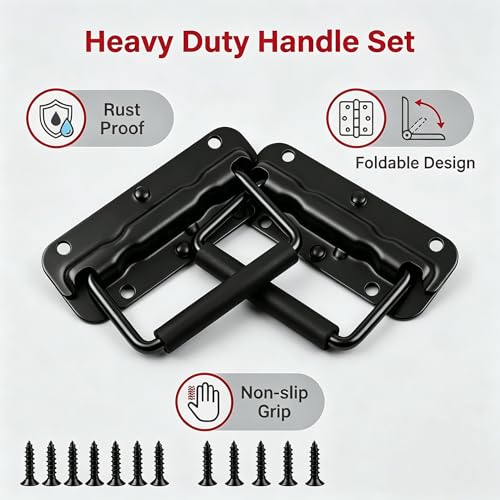 2pcs Spring Loaded Handles 4.3" Heavy Duty Stainless Steel Chest Handle with Rubber Grip, Surface Mount Folding Handles for Toolboxes Storage Boxes & Crates - color: Black