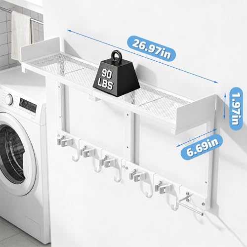 HUFAND Broom Holder Wall Mount, 27" Mop and Broom Organizer with Top Shelf - color: White, size: Large