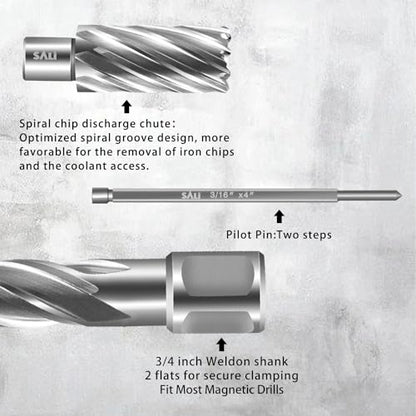 SALI Annular Cutter Diameter 7/16 Inch with Weldon Shank 3/4" (with 2 Flats) Cutting Depth 2" Mag Drill Bit for Magnetic Drill Press HSS Fully Ground Drill with One 3/16"*4" Pilot Pin - size: 7/16"*2"