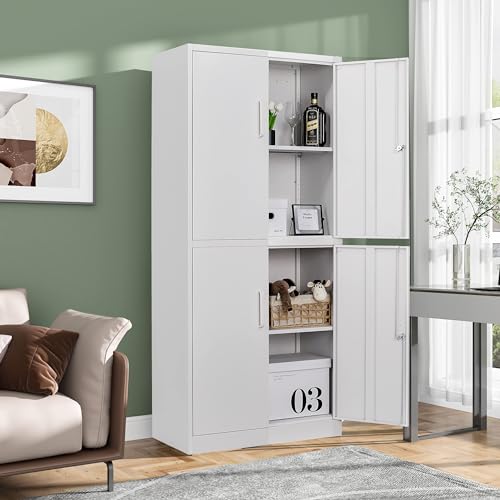 Metal Storage Cabinet with 3 Adjustable Shelves,Garage Storage Cabinet with Lock,White Metal Cabinets with Locking Doors,71" 4 Door Pantry Cabinet,Lockable Cabinets for Home,Office,Garage,Kitchen - color: White, size: 71"H-B
