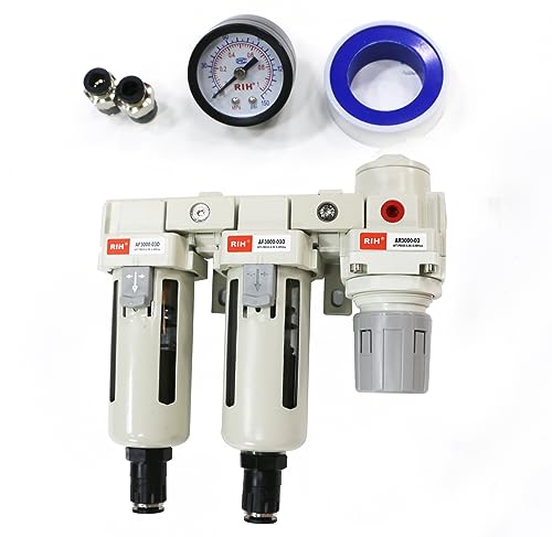 RIH Pneumatics 3/8'' NPT Auto Drain Compressed Air Double Filter & Regulator, Air Drying System, Air Compressor Water Separator, Auto Drain, Poly Bowl,0-150 psi Gauge, 5 Micron Brass Element(3/8 NPT) - size: 3/8'' NPT Auto Drain