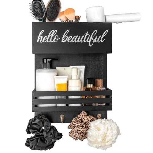 2Tier Black Wooden Hair Dryer Holder Wall-Mounted Organizer - color: black