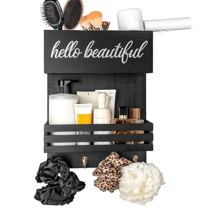 2Tier Black Wooden Hair Dryer Holder Wall-Mounted Organizer - color: black