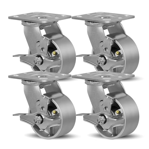 SY America 4" X 2" Cast Iron Caster Wheels,Set of 4 Heavy Duty Industrial Casters, Load Capacity 3200 lbs,Perfect Toolbox Caster Wheels-4 Brake - color: 4 Brake, size: 4" Wheel