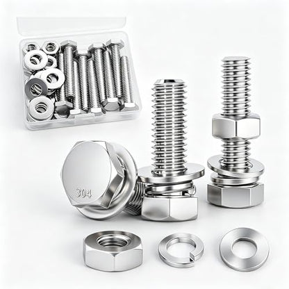 10 Sets 1/4-20 x 2 Stainless Steel Hex Head Screws Bolts, Flat, Nuts & Lock Washers,Hex Bolts 18-8(304) Full Thread - color: Silver-hex, size: 1/4-20x2"(10 sets)