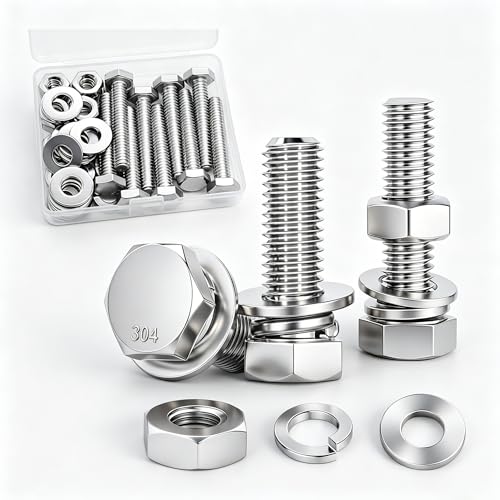 10 Sets 1/4-20 x 2 Stainless Steel Hex Head Screws Bolts, Flat, Nuts & Lock Washers,Hex Bolts 18-8(304) Full Thread - color: Silver-hex, size: 1/4-20x2"(10 sets)