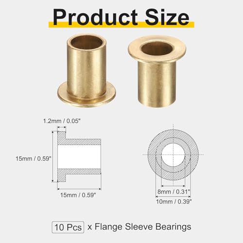 uxcell 10Pcs Flange Sleeve Bearings, 8mm Bore x 10mm OD x 15mm Length, Self-Lubricating Sintered Bronze Bushings - size: 8mm Bore x 10mm OD x 15mm Length