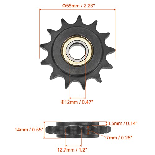 uxcell #40 Chain Idler Sprocket, 12mm Bore 1/2" Pitch 13 Tooth Tensioner, Black Oxide Finished C45 Carbon Steel with Insert Single Bearing for ISO 08A Chains - size: 58mm