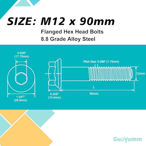 M12 x 90mm 4pcs Flanged Hex Head Bolts, M12 x 1.75 Bolts, Flange Hexagon Head Screws, 8.8 Grade Alloy Steel, Yellow Zinc Plated, Metric Half Thread - size: M12 x 90mm(4PCS)