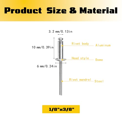 300 pack 1/8" x 3/8" Silver Pop blind Rivets, 3.2 mm x 10 mm pop rivets, Aluminum Body Steel Mandrel Rivets, Dome Head aluminum rivets (Choose Your Size) - size: 1/8" x 3/8"(3.2 mm x 10 mm)