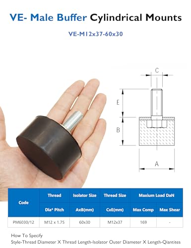EASYEAH M12 Rubber Vibration Isolator Threaded Stud Shock Absorber - size: VE-M12x37-60x30