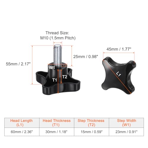 HARFINGTON 2pcs Star Knobs M10 x 25mm Male Thread Plastic 4-Star Stud Knob Hand Tightening Clamping Screw Replacement Threaded Handle, Black - size: M10 x 25mm