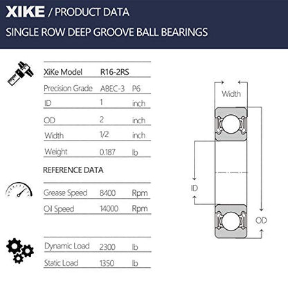 XIKE R16-2RS Sealed Deep Groove Ball Bearings, 12.7x25.4x6.35 mm, 10-Pack - size: R16-2RS - 12.7x25.4x6.35 mm