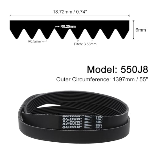 uxcell 550J8 PJ V-Ribbed Belt 8 Ribs 55" Length x 0.74" Width x 0.14" Thick, EPDM Poly V Belt, Industrial Transmission Serpentine Belt - size: 550J8