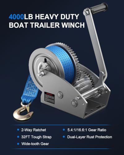 4000lb Boat Trailer Winch with Strap, Heavy Duty Hand Winch for Boat