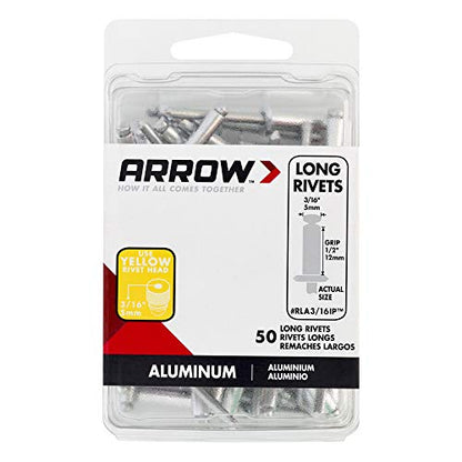 Arrow RLA3/16IP Long Aluminum 3/16-Inch Pop Rivets for Metal, Fabric, Leather, and Auto Repair, 50-Pack - size: 3/16 in. x 1/2 in.