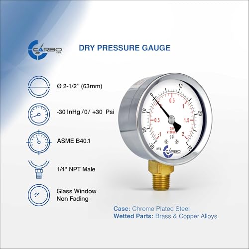 2-1/2" Pressure Gauge, Chrome Plated Steel Case, Dry, Compound Vacuum -30 Hg - 0-30 psi Lower Mount 1/4" NPT - style: -30 / 0 / +30 inHg/psi