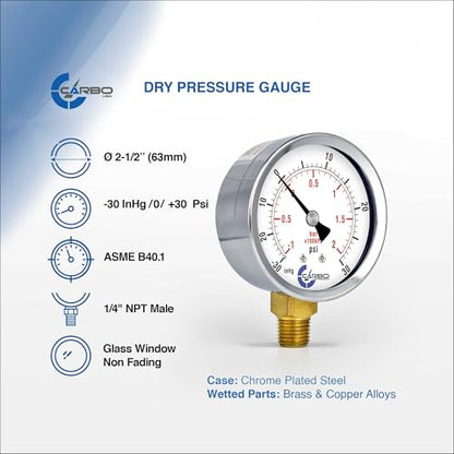 2-1/2" Pressure Gauge, Chrome Plated Steel Case, Dry, Compound Vacuum -30 Hg - 0-30 psi Lower Mount 1/4" NPT - style: -30 / 0 / +30 inHg/psi