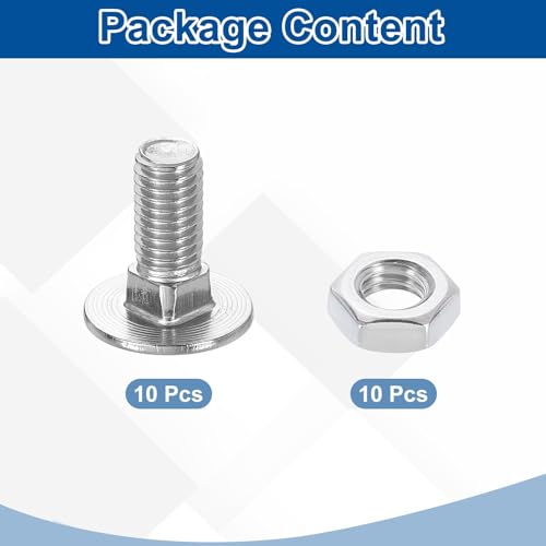 uxcell 10 Set Carriage Bolts and Nuts Kit, M8-1.25x20 Stainless Steel 304 Round Head Square Neck Carriage Bolts Screws and Hex Nuts - Silver - size: M8-1.25x20mm