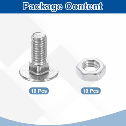 uxcell 10 Set Carriage Bolts and Nuts Kit, M8-1.25x20 Stainless Steel 304 Round Head Square Neck Carriage Bolts Screws and Hex Nuts - Silver - size: M8-1.25x20mm
