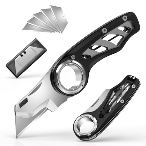 Folding Utility Knife Pocket Knife, Heavy-Duty Box Cutter with Anti Slip Finger Loop, Quick Change Blade Razor Knife, Box Cutters for Home, Office, Warehouse, Durable Razor Knife, Box Knife (Black) - color: Black