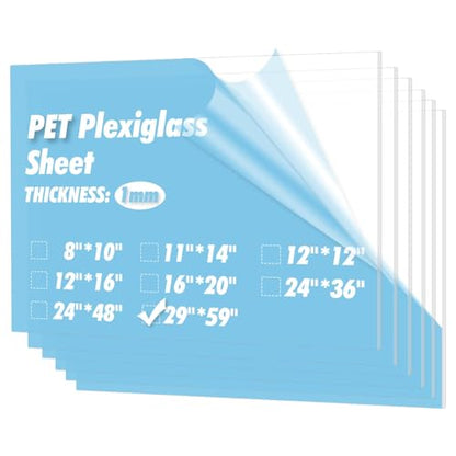 Art3d 5-Pack of 29×59" PET/Plexiglass Sheets, Transparent Clear Flexible Plastic Sheet Panels for Craft, Picture Frames, Sign Blank, DIY Display Project - color: Clear, size: 29" x 59", 1mm Thick