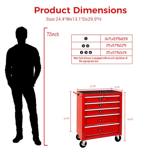 5-Drawer Lockable Rolling Tool Chest, Red - color: Red, style: 5 drawer