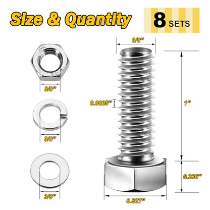 Mywish (8 Sets) 3/8-16x1 Hex Head Assorted Screws Nuts and Bolts with Flat & Lock Washers, 304 Stainless Steel 18-8, Fully Threaded, 3/8 Bolt Metric Bolt Assortment - size: 3/8-16 x 1 (8 set)