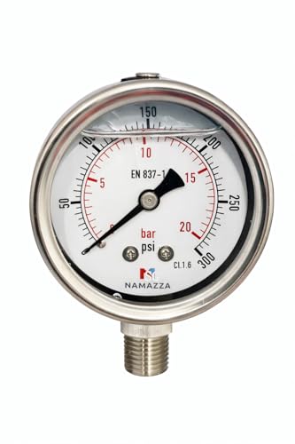 2.5" Glycerin-Filled Pressure Gauge, 0-300 PSI / 0-20 Bar, 1/4" NPT Lower Mount, 304 Stainless Steel Case/Wetted Parts, CL 1.6, Conforms to EN 837-1