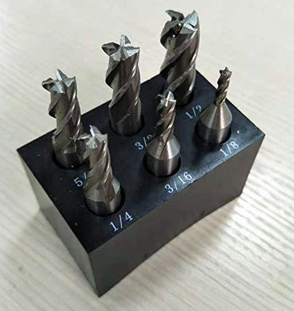 Single End 4 Flute Center Cutting End Mill 6PCS Set 1/8",3/16",1/4",5/16",3/8",1/2" with 3/8" Shank with Plastic Stand