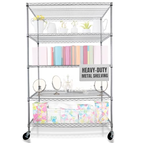 4000 LBS Heavy Duty Wire Rack, 48 x 24 x 76, 5-Tier NSF Commercial Rolling Rack with 4" Industrial Casters, Chrome Metal Wire Shelving for Garage, Kitchen, Adjustable Storage Shelf, Crescent