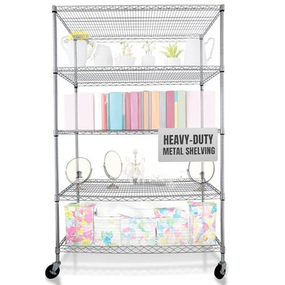 4000 LBS Heavy Duty Wire Rack, 48 x 24 x 76, 5-Tier NSF Commercial Rolling Rack with 4" Industrial Casters, Chrome Metal Wire Shelving for Garage, Kitchen, Adjustable Storage Shelf, Crescent