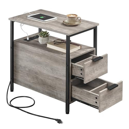 VASAGLE Side End Table with Charging Station, Slim Nightstand with Storage - color: Heather Greige + Ink Black, size: 23.6"D x 11.8"W