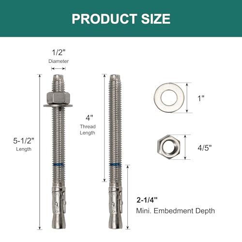 1/2" x 5-1/2" Concrete Anchors (12 Pack) 1/2 inch Wedge Anchors Bolts Stainless Steel - size: 1/2"x5-1/2"