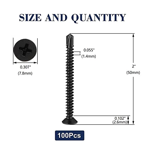 #8 x 2 Sheet Metal Screws 100Pcs 410 Stainless Steel Flat Head Fast Self Tapping Screws Black Oxide by SG TZH - size: #8 x 2"