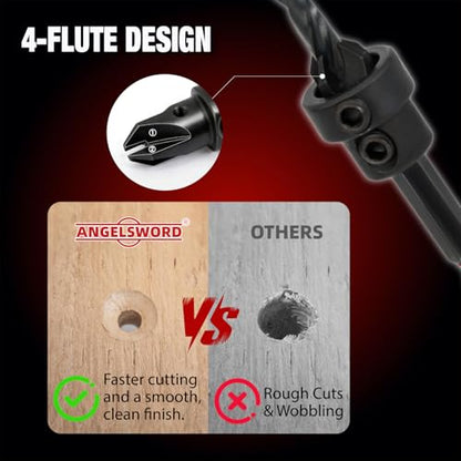 ANGELSWORD Countersink Drill Bit Set for Wood, 5pc Tapered Drill Bits