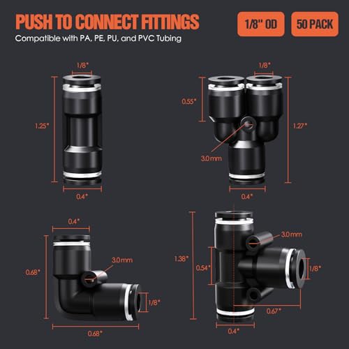 1/8" OD Push to Connect Fittings Kits –50PCS Air Line Connectors with Tee, Straight, Elbow, Splitters, Quick Connect Pneumatic Fittings, Push Lock Air Hose Fittings for Compressor, Air Tools & Tubing - color: 1/8" OD, size: Assorted kit(50pcs)