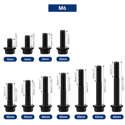 20-Sets M6-1.0 x 12mm Grade 10.9 Flange Hex Bolts + Flange Nut + Flat Washer + Lock Washer Combo Pack, Black Oxide, for Automotive & Machinery - size: M6-1.0 x 12mm