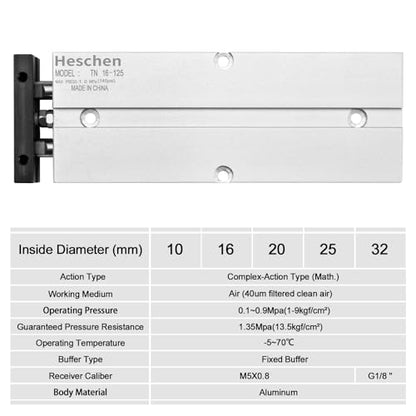 Heschen Pneumatic Air Cylinder, TN16-125(TDA16-125), Bore 16mm, Stroke 125mm, Double-Rod Double-Acting Aluminum Pneumatic Air Cylinder, with Magnet, Silver