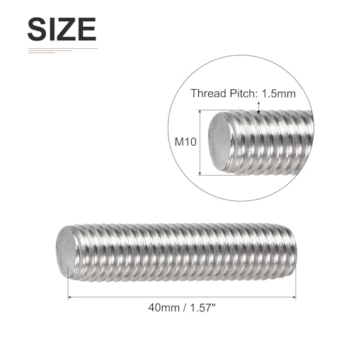 DTGN M10x1.5x40mm(DxPxL) Fully Threaded Rod - 5Pack - Good for Machinery - 304 Stainless Steel Right Hand Thread Rods Bar Studs - Silver - size: M10x1.5x40mm