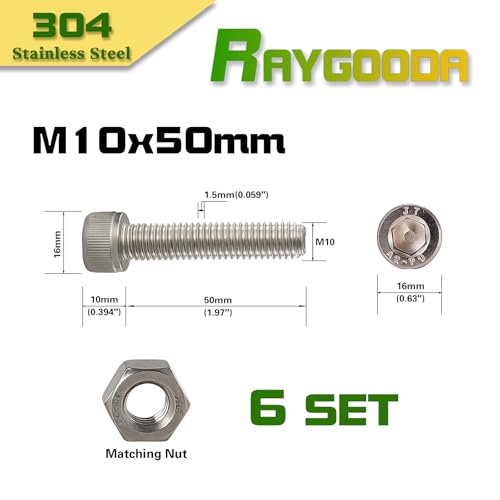 M10-1.5x50mm Socket Head Cap Screw and Nut Kit 5set, 304 Stainless Steel A2-70, Full Thread, Bright Finish - High Strength, Corrosion Resistant for Automotive, Machinery, DIY - size: M10x50mm(5 Sets）