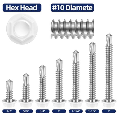 #10 x 1-1/4" Hex Washer Head Self Drilling Sheet Metal Screws with Drill Point, Stainless Steel 410, White Head, 50 PCS - color: White, size: #10 x 1-1/4"