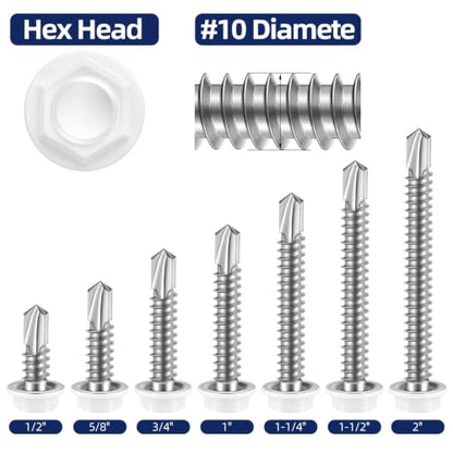 #10 x 2 Hex Washer Head Self Drilling Sheet Metal Screws with Drill Point, Stainless Steel 410, White Head, 50 PCS - color: White, size: #10 x 2"