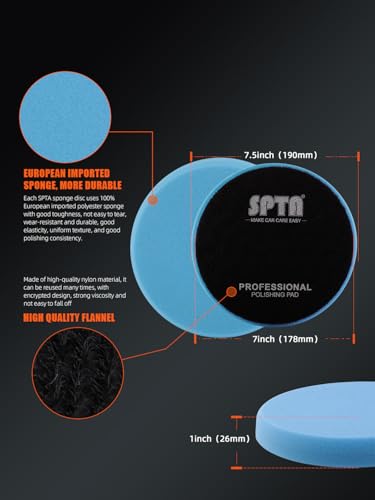 SPTA 9Pcs Polishing Pads Kit, 7 Inches Large Size Buffing Pads, Car Foam Buffing Sponge Pads Kit with 5/8"-11 Backing Plate for Car Care Polisher Boat Waxing, Polishing, Sealing Glaze
